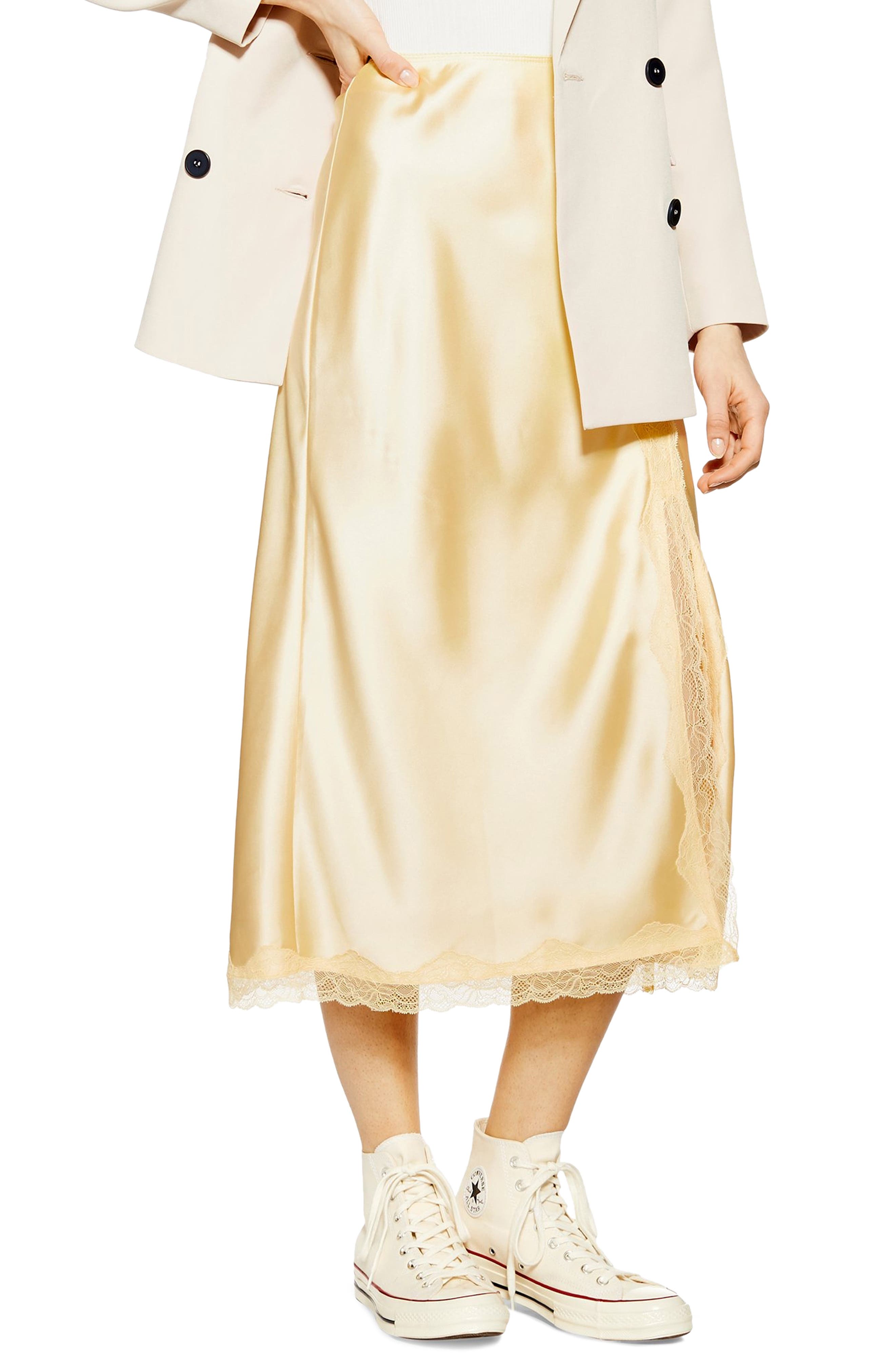 Topshop Lace Trim Satin Midi Skirt, US (fits like 0) - Yellow