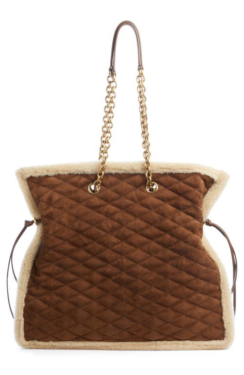 Shop Saint Laurent Le Pochon Genuine Shearling Trim Shoulder Bag In Dark Cigar/natural Beige