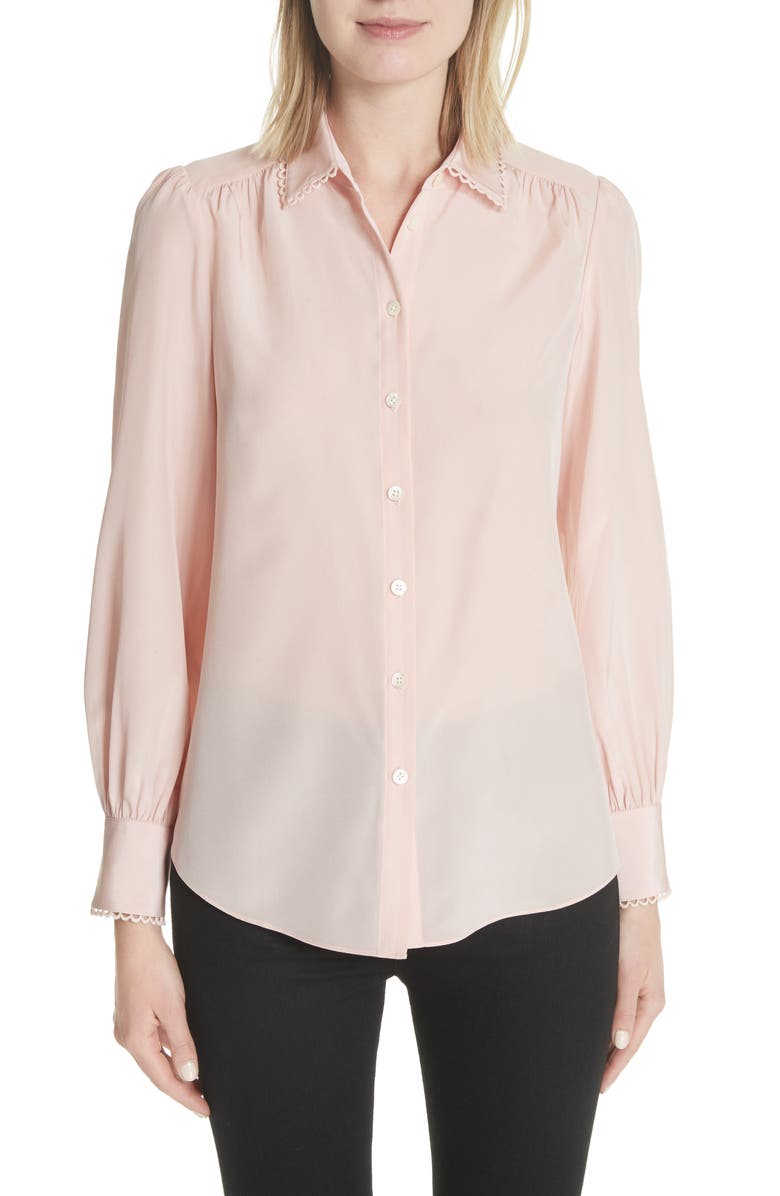 KATE SPADE NEW YORK scallop trim silk shirt, Main, color, CAMEO PINK