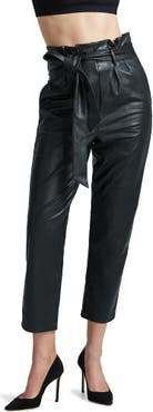 Women's Black Paperbag Tie Waist Faux Leather Ladies' PU Trousers