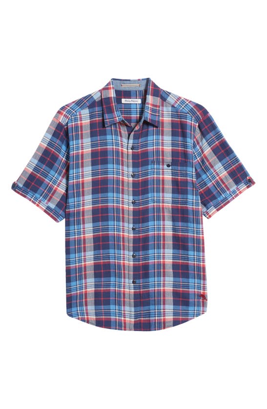 Shop Tommy Bahama Beachside Plaid Short Sleeve Stretch Button-up Shirt In Island Navy