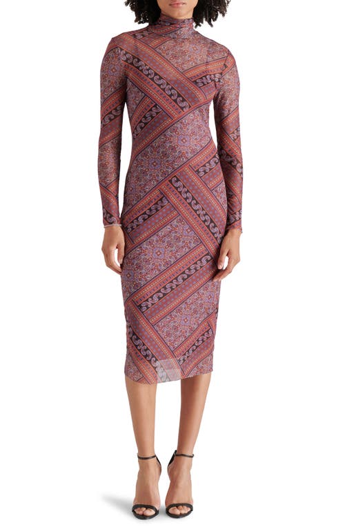 Shop Steve Madden Vivienne Scarf Print Long Sleeve Turtleneck Mesh Midi Dress In Multi