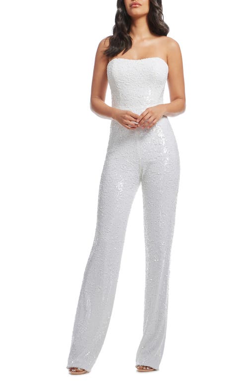 Andy Sequin Strapless Jumpsuit in White Multi