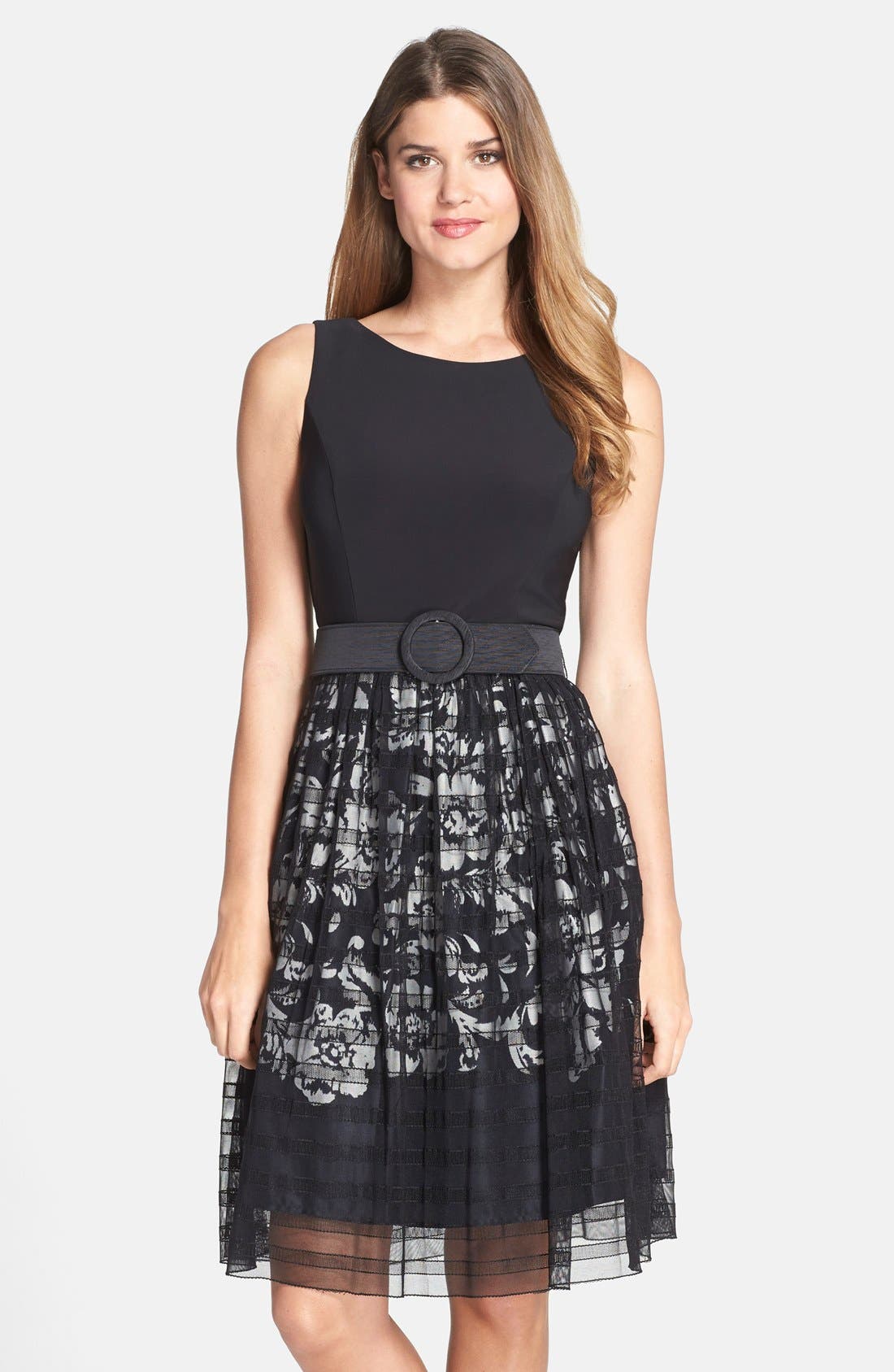 Eliza J Belted Mixed Media Fit & Flare Dress Nordstrom