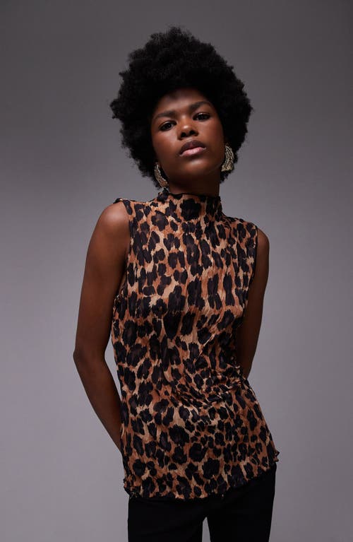 Topshop Sheer Crinkle Leopard Print Tank Top In Brown In Brown