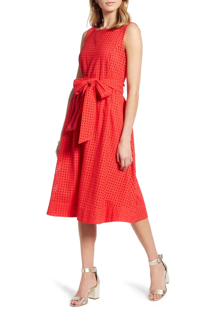  Tie Waist Eyelet Dress, Main, color, RED HIBISCUS