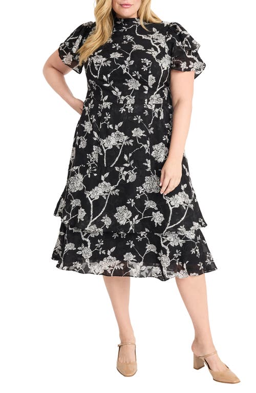 Maggy London Floral Print Layered Ruffle Dress in Black/White 