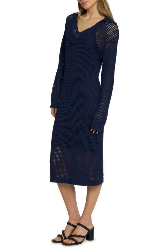 Shop Luxely Rowan Open Stitch Long Sleeve Sweater Dress In Evening Blue