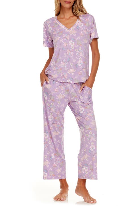 Pink and Magenta Floral Short Sleeve Capri Pant PJ Set - Aria