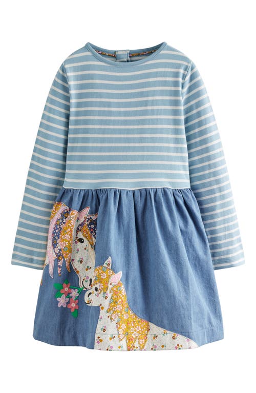 Mini Boden Kids' Appliqué Long Sleeve Dress Chambray Blue Horses at Nordstrom,