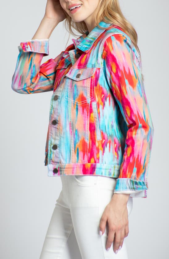 Shop Apny Watercolor Print Denim Jacket In Pink Multi