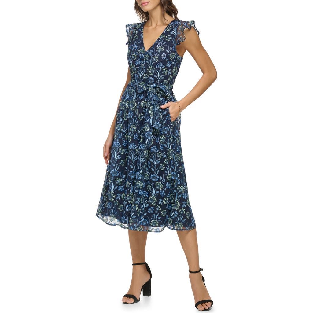 Kensie Women's Flutter Sleeve Floral Day Dress In Navy/green Mutli