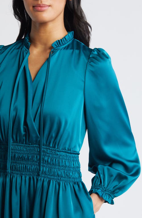 Shop Eliza J Ruffle Trim Long Sleeve Satin Dress In Teal