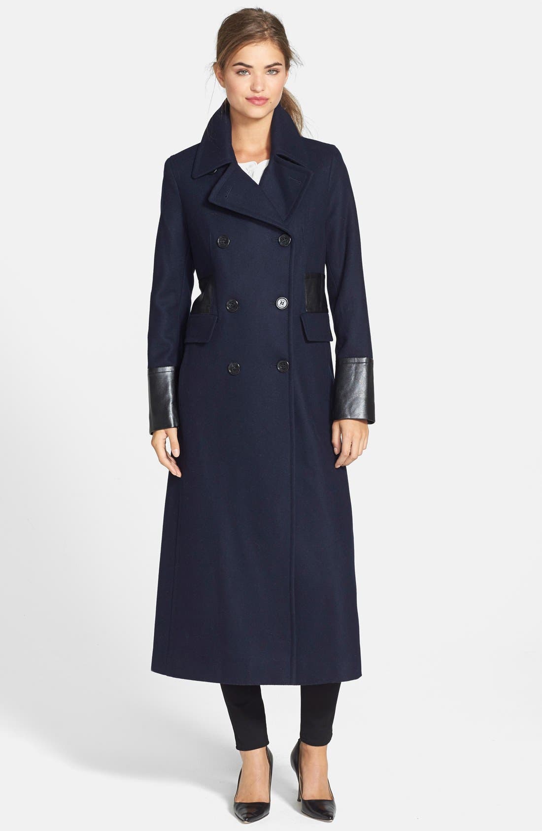 DKNY Long Double Breasted Wool Blend Coat With Faux Leather Trim ...