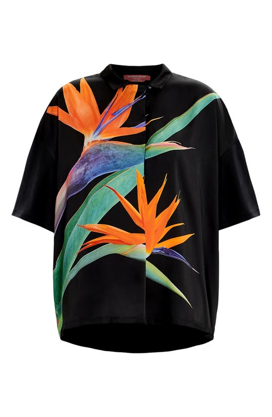 Shop Marina Rinaldi Teglia Floral Satin & Jersey Camp Shirt In Black