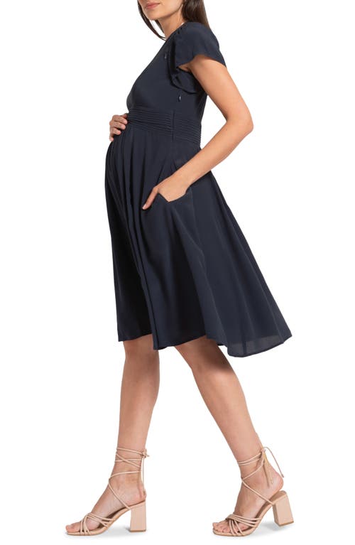 Shop Seraphine Flutter Sleeve Maternity/nursing Dress In Navy