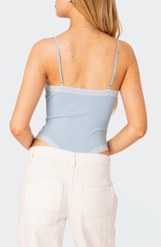 Edikted Aurora Lace Trim Rib Bodysuit In Light-blue