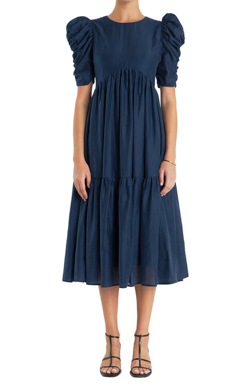 Shop English Factory Puff Sleeve Midi Dress In Navy