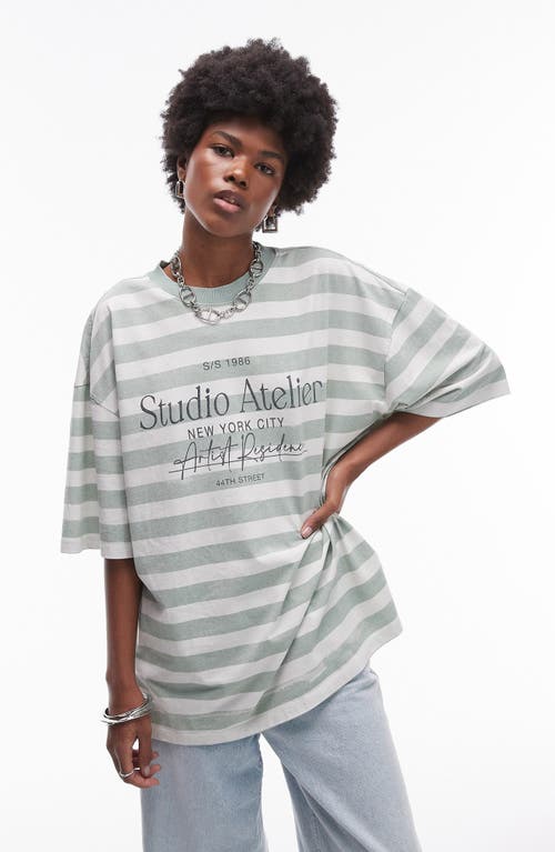 Shop Topshop Oversize Stripe Atelier Cotton Graphic T-shirt In Mid Green