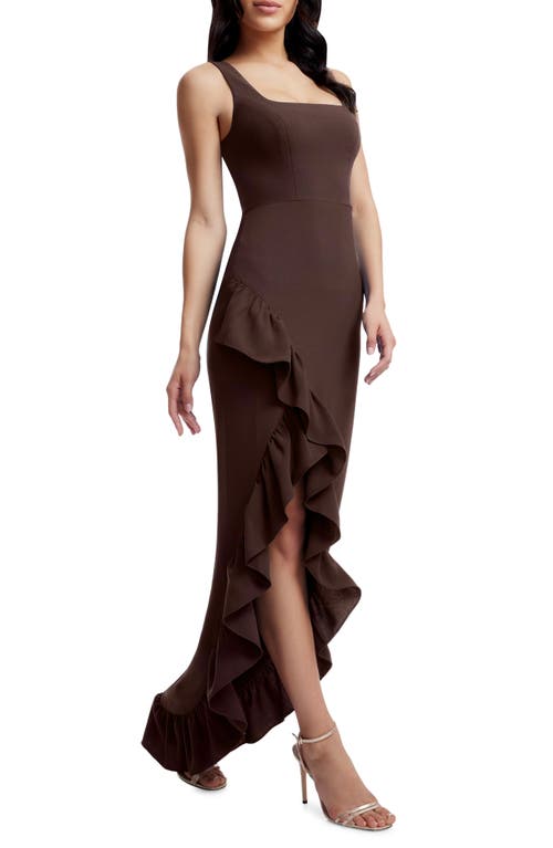 Shop Dress The Population Charlene Ruffle Gown In Mocha