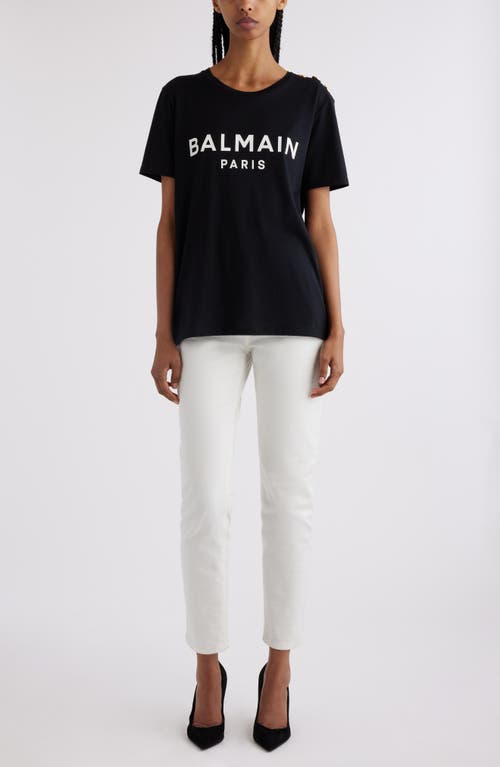 Shop Balmain Button Shoulder Cotton Logo Graphic T-shirt In Eab Black/white