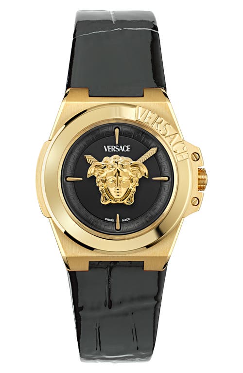 Shop Versace Hera Leather Strap Watch, 37mm In Ip Yellow Gold