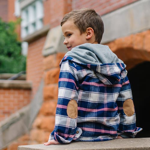 Shop Hope & Henry Boys' Hooded Flannel Shirt Jacket, Kids In Large Navy And Ivory Plaid