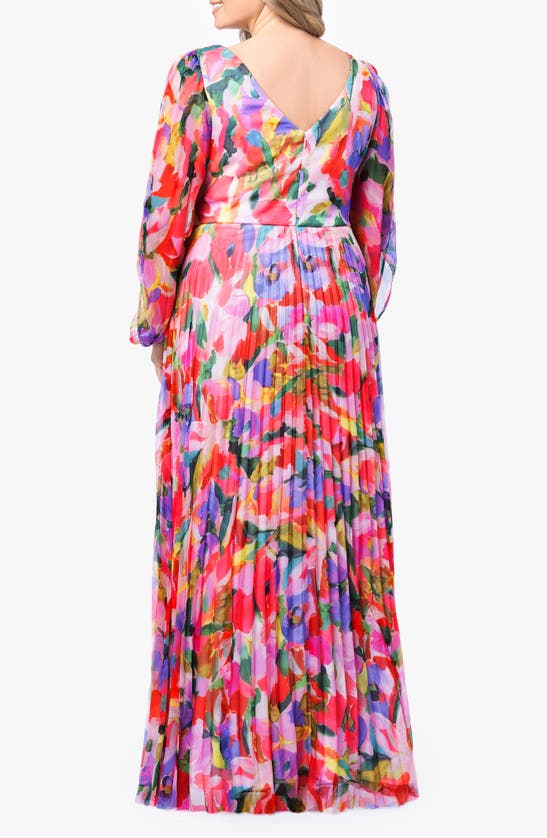 Shop Betsy & Adam Pleated Long Sleeve Maxi Dress In Pink Multi