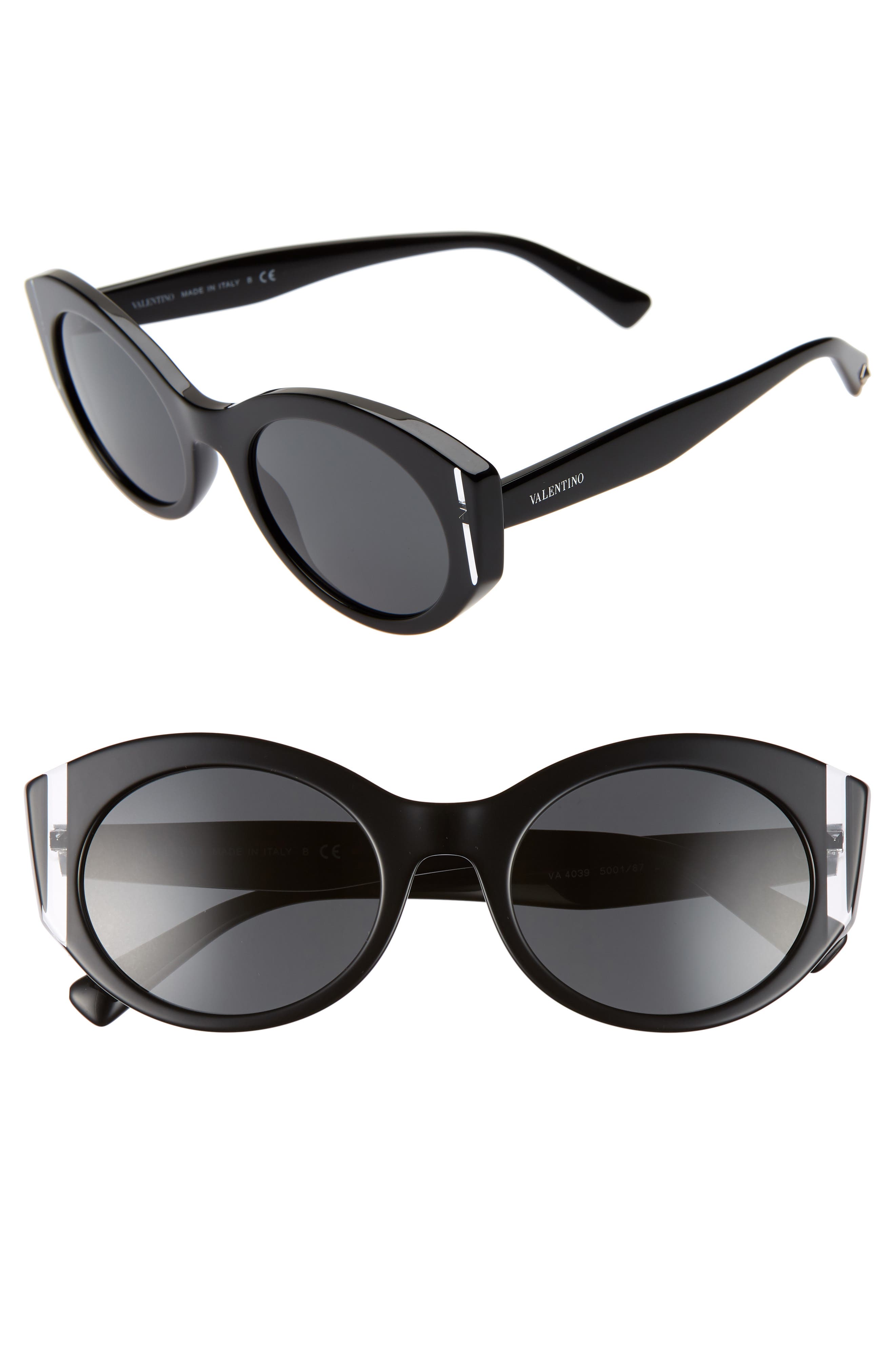 Valentino 53mm Cat Eye Sunglasses in Black Crystal Solid at Nordstrom