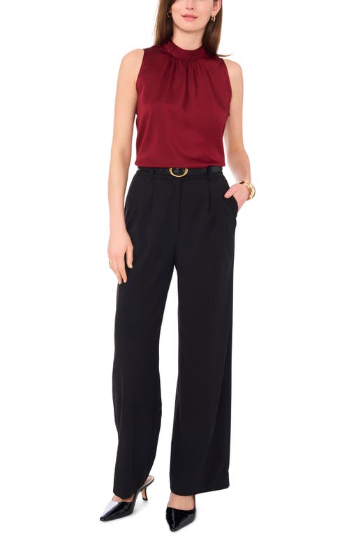 Shop Vince Camuto Beaded Mock Neck Sleeveless Hammered Satin Top In Ruby