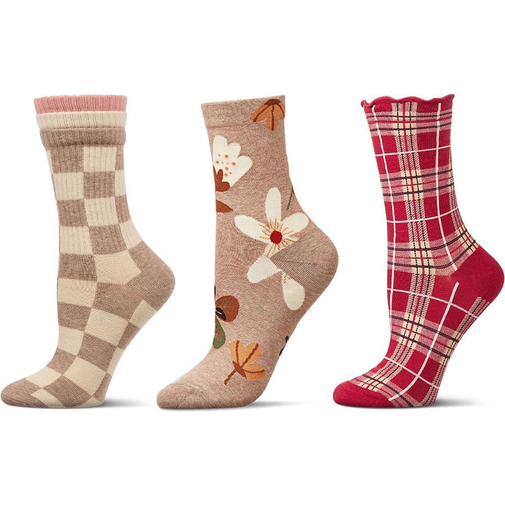 Memoi Assorted 3-pack Crew Socks In Brown Heather