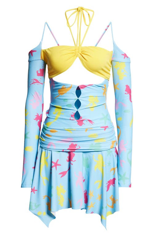 Marshall Columbia X Disney 'the Little Mermaid' Ariel Print Bikini Cutout Long Sleeve Minidress In Blue