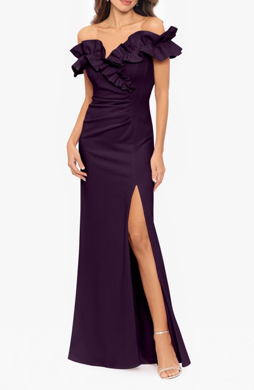 Xscape Evenings Ruffle Off The Shoulder Ruched Gown In Purple