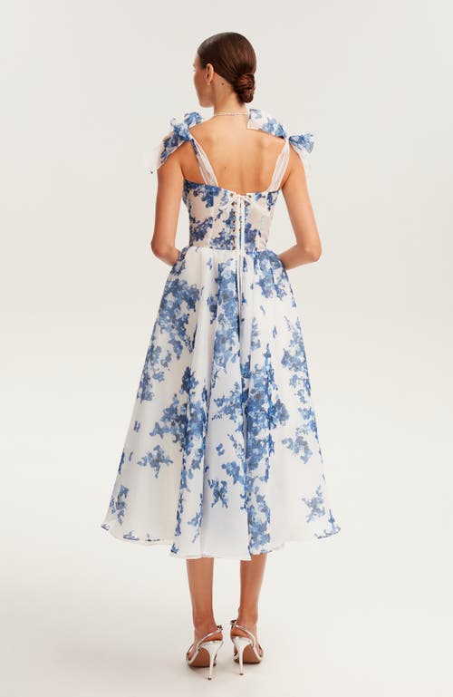 Milla Charming Blue Hydrangea-patterned Organza Midi Dress In Blue-navy