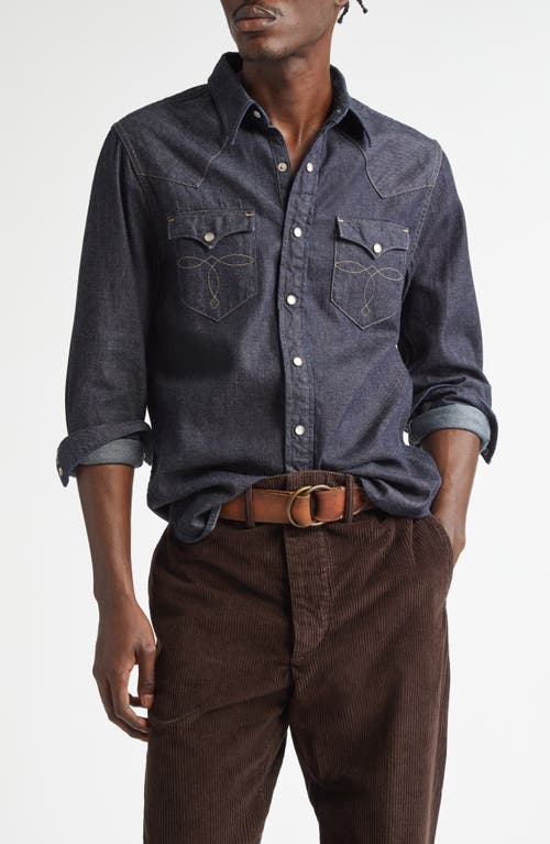 Shop Double Rl Buffalo West Slim Fit Denim Western Snap-up Shirt In Rinse