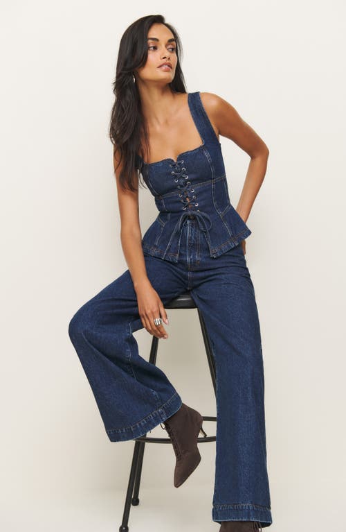 Shop Reformation X Kacey Musgraves Dallas Organic Cotton Blend Denim Corset Top In Elwood