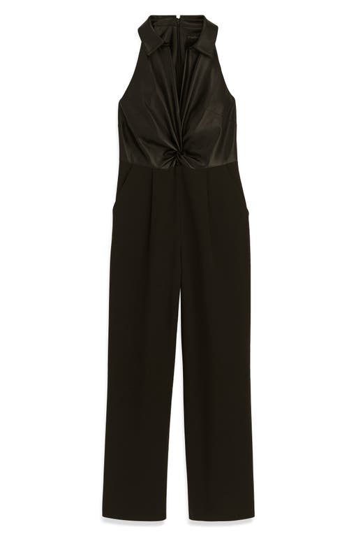 Shop Donna Karan New York Sleeveless Faux Leather Wide Leg Jumpsuit In Black/black