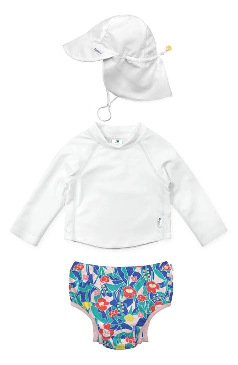 Baby Print Rash Guard Swimsuit & Sunblock Hat Set