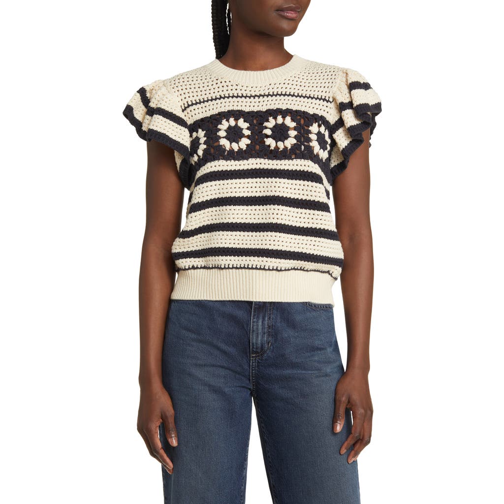 Rails Penelope Flutter-sleeve Crochet Blouse In Oat Navy Crochet Stripe