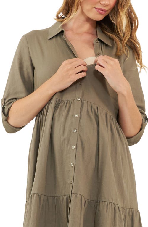 Shop Ripe Maternity Adel Linen Blend Maternity Shirtdress In Olive