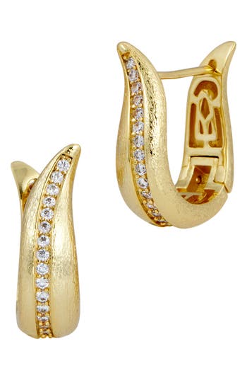 Savvy Cie Jewels Brushed Textured Cz Pavé Hoop Earrings In Yellow