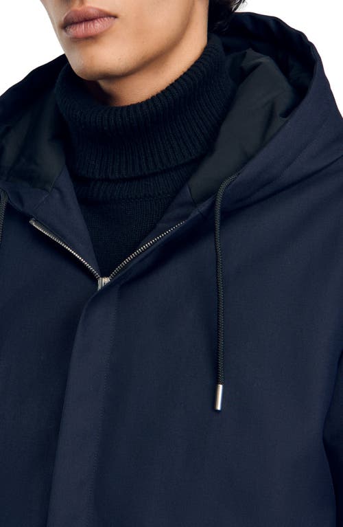 Sandro Hooded Parka With Zip In Navy Blue