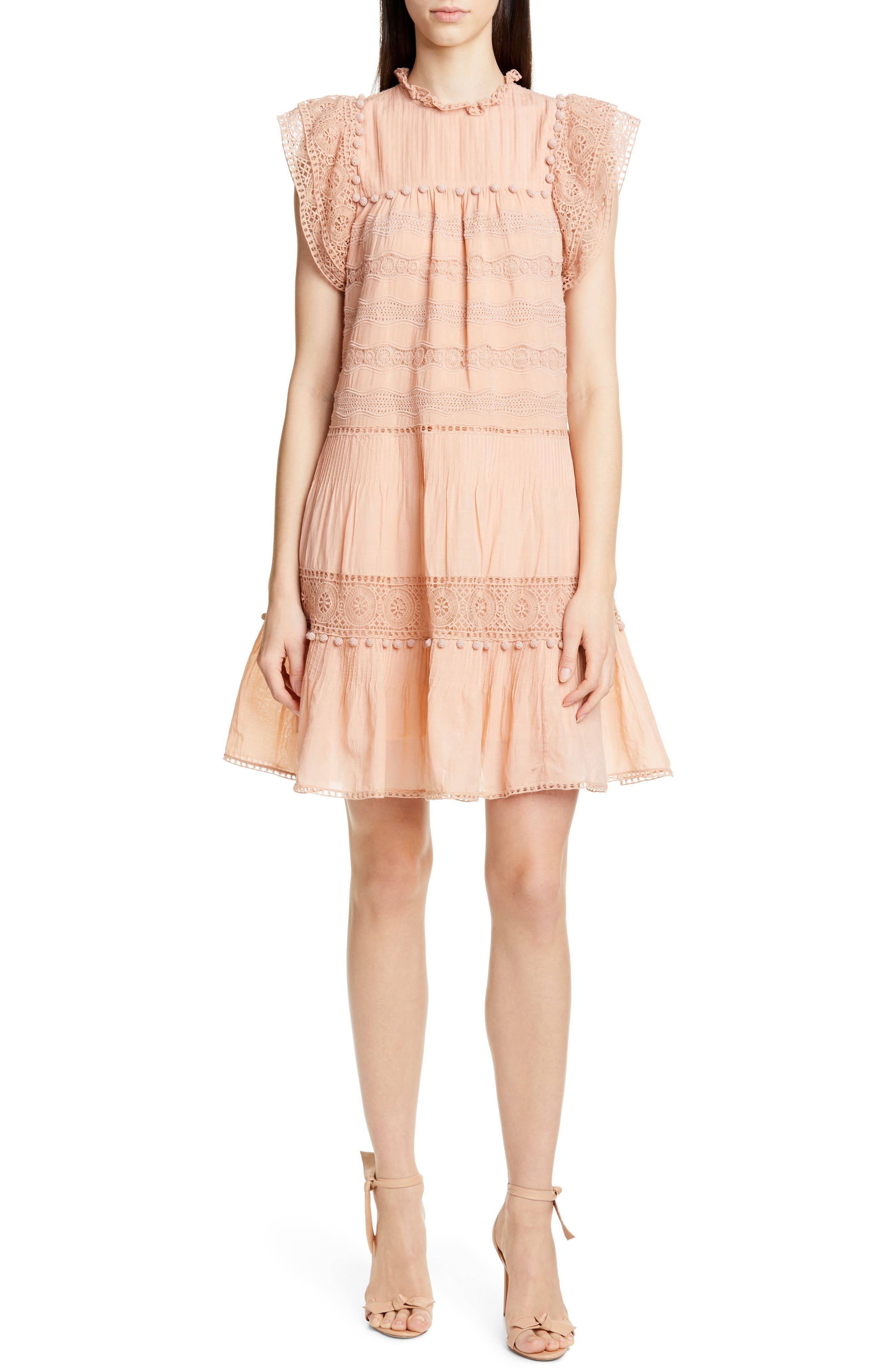 Ulla Johnson Nora Crochet Trim Trapeze Dress, Pink