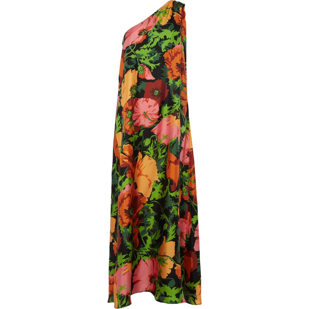 La Doublej Roy Floral One-shoulder Maxi Silk Twill Dress In Wonderland Black