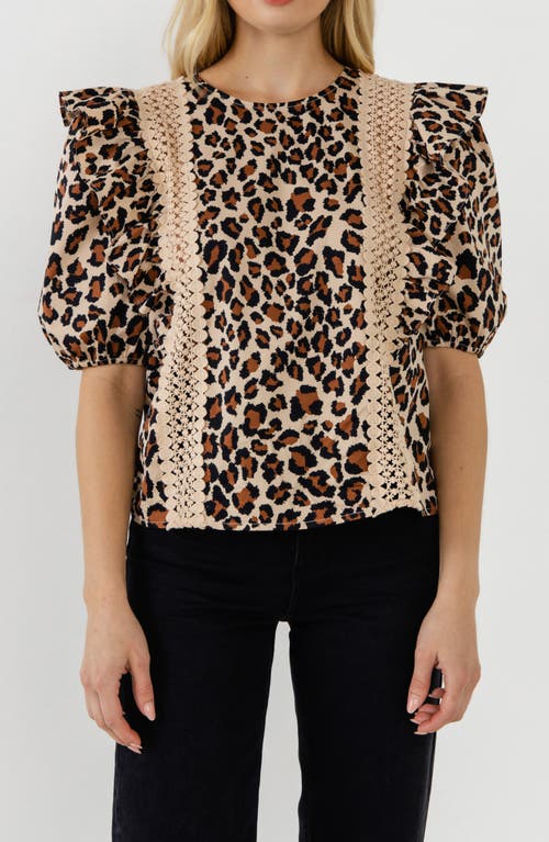 English Factory Leopard Print Ruffle Shoulder Cotton Top In Tan Multi