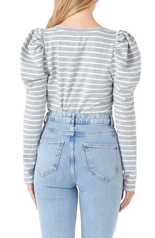 English Factory Stripe Puff Sleeve Knit Top In Heather Grey/white