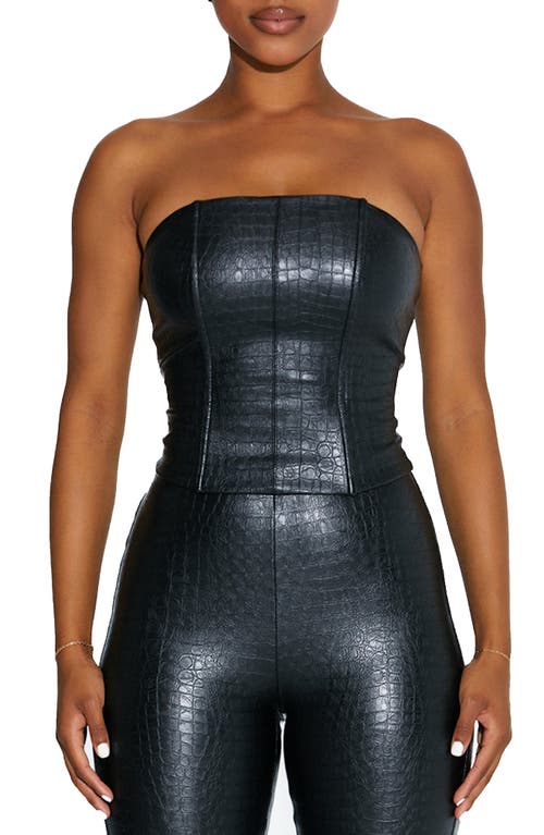 Naked Wardrobe The Crocodile Embossed Faux Leather Corset Top in Black