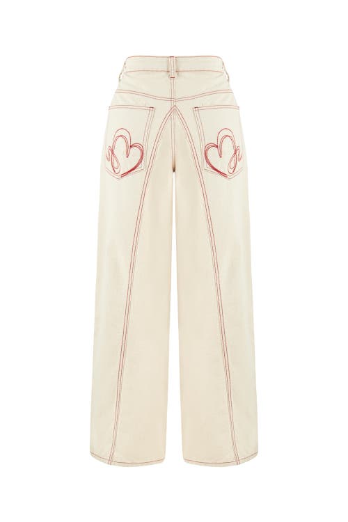 Shop Nocturne Jeans With Contrast Color Embroidery In Ivory