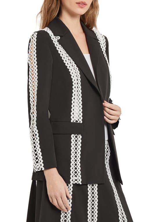 Misook Belted Eyelet-trim Twill Jacket In Black/white