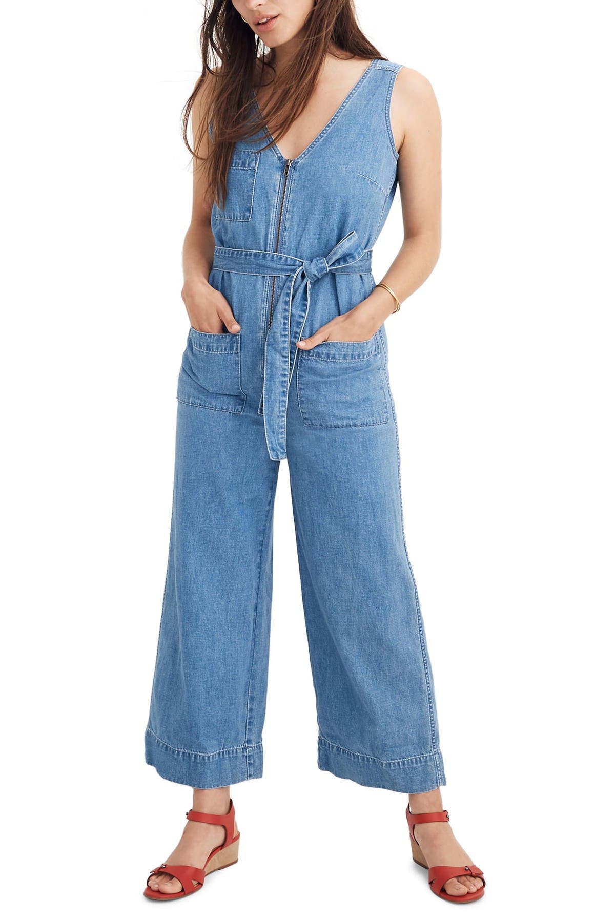 denim zip front jumpsuit